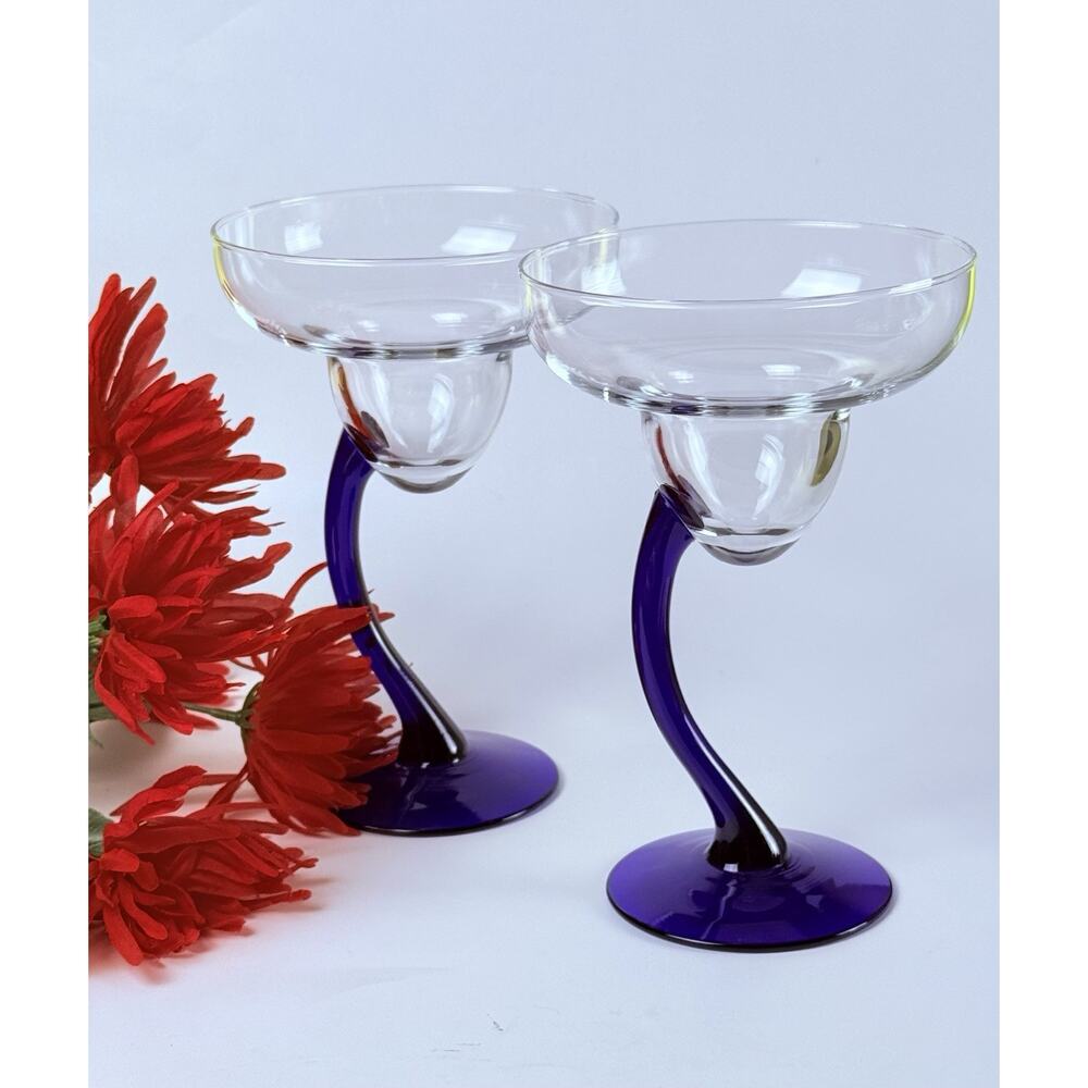 Cobalt Blue Curved Stemware Libbey Bravura Margarita Glasses Set Of 2 Bar Drink